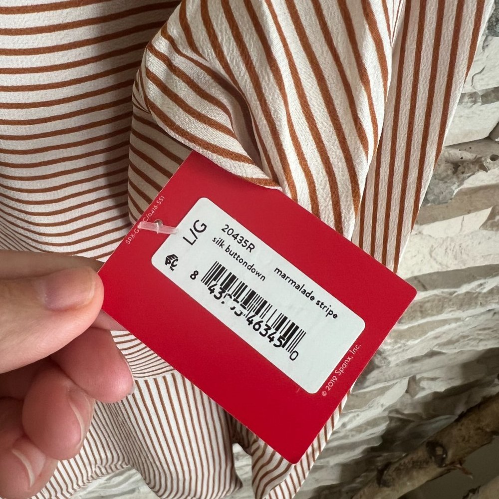 NWT Spanx Low Maintenance Silk Button Down Top Marmalade Stripe Large L